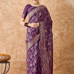HERE&NOW Embellished Zari Silk Blend Fusion Banarasi Saree-picture-1