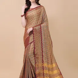 KALINI Beige & Maroon Woven Design Zari Pure Silk Ikat Saree-picture-30