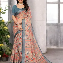 Ambuja International Floral Printed Zari Pure Linen Saree-picture-12