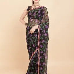 Sangria Black & Green Floral Printed Pure Georgette Saree-picture-19