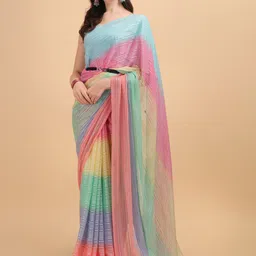 Sangria Blue & Pink Georgette Striped Zari Work Saree image 5