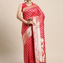 Saree mall Red & Gold-Toned Floral Zari Silk Blend Banarasi Sarees-picture-45
