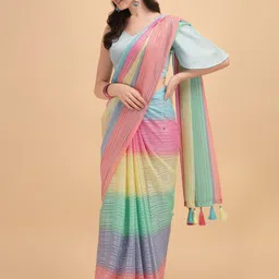 Sangria Blue & Pink Georgette Striped Zari Work Saree image 3