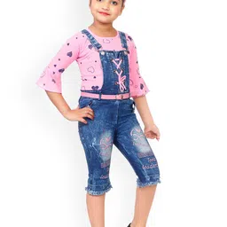 BAESD Girl Floral Printed Denim Dungaree With Top image 2