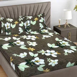 FABINALIV Brown & White Floral 300 TC King Bedsheet with 2 Pillow Covers image 1