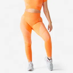 domyos Women Gym Leggings Seamless High Waist with Phone Pocket - Orange-picture-12