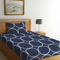 KLOTTHE Blue & White Geometric Printed 300TC Fitted Single Bedsheet With Pillow Cover-picture-36