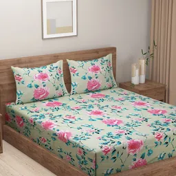 SWAYAM Tulip Green & Pink Floral 144 TC Flat Queen Bedsheet with 2 Pillow Covers-picture-12