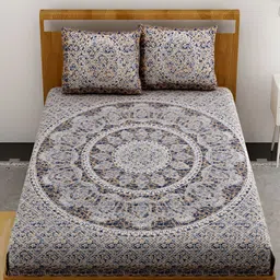 Aura Blue Ethnic Motifs Printed Cotton 120 TC Queen Bedsheet with 2 Pillow Covers-image-17