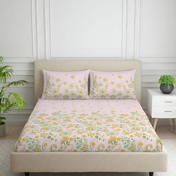 SPACES Pink & Orange Floral Cotton 144 TC King Bedsheet with 2 Pillow Covers-picture-38