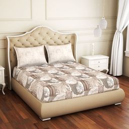 SPACES Grey & White Floral 144 TC Fitted Pure Cotton Queen Bedsheet with 2 Pillow Covers-picture-41