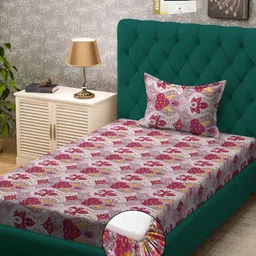 KLOTTHE Pink & Beige Ethnic Motifs Printed 300 TC Single Fitted Bedsheet With Pillow Cover-picture-14