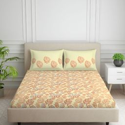 SPACES Yellow & Orange Floral Cotton 130 TC Queen Bedsheet with 2 Pillow Covers-picture-44