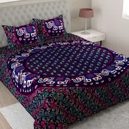 Aura Blue & Pink Ethnic Motifs Pure Cotton 144 TC King Bedsheet with 2 Pillow Covers-picture-21