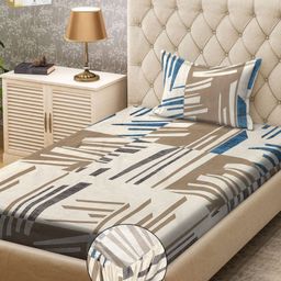 KLOTTHE  White & Grey Printed 300 TC Fitted Single Bedsheet & Pillow Covers-picture-37