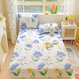 JC HOME White & Blue Floral 220 TC Cotton King Bedsheet with 2 Pillow Covers-picture-26
