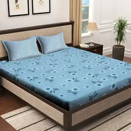 KLOTTHE Blue Floral Printed 300TC Super King Bedsheet With 2 Pillow Covers-picture-43