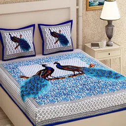 Aura Blue & White Ethnic Motifs Printed Cotton  120 TC Queen Bedsheet with 2 Pillow Covers-picture-24