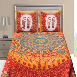 Aura Orange & Green Ethnic Motifs Cotton 120 TC Queen Bedsheet with 2 Pillow Covers-image-68
