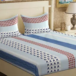 KLOTTHE White & Blue Geometric Printed 300 TC Double King Bedsheet With 2 Pillow Covers-image-77
