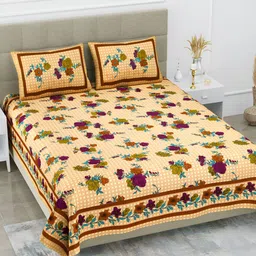 POORAK Purple & Orange Floral 104 TC Cotton Queen Bedsheet With 2 Pillow Covers-image-13