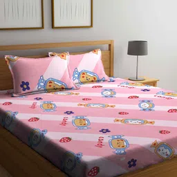 KLOTTHE Kids Pink & Blue Printed 300TC Fitted King Bedsheet With 2 Pillow Covers-image-23