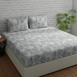Huesland Comfort White & Grey Printed 144 TC Cotton Queen Bedsheet with 2 Pillow Covers-picture-22