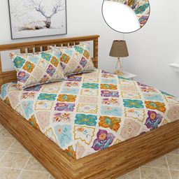 MORADO Purple & Blue Printed Fitted 210 TC Queen Bedsheet with 2 Pillow Covers-picture-5