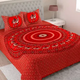 Aura Red Ethnic Motifs Pure Cotton 144 TC King Bedsheet with 2 Pillow Covers-image-53
