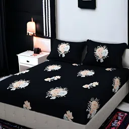 FINE TEX WORLD Black Floral Microfiber 210 TC King Bedsheet with 2 Pillow Covers-image-66