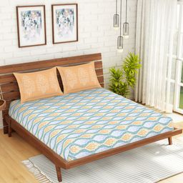 SPACES Atrium Plus Ecom Blue 210 TC Fitted Cotton King Bedsheet With 2 Pillow Covers-picture-39