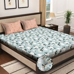 KLOTTHE Green & Pink Floral Printed 300TC Super King Fitted Bedsheet With 2 Pillow Covers-picture-9