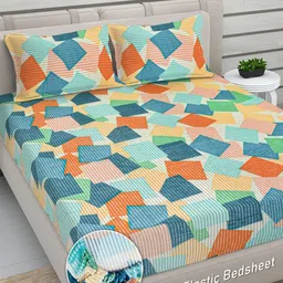 FABINALIV Yellow & Blue Geometric 300 TC King Bedsheet with 2 Pillow Covers-image-32