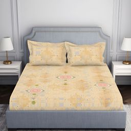 SPACES Beige & Pink Geometric Cotton 130 TC King Bedsheet with 2 Pillow Covers-picture-31
