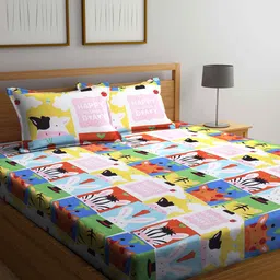 KLOTTHE Kids Pink & Blue Printed 300TC Fitted King Bedsheet With 2 Pillow Covers-picture-27