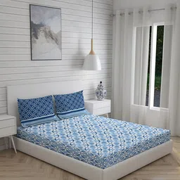 Layers Blue & White Ethnic Motifs 230 TC Cotton Queen Bedsheet with 2 Pillow Covers-image-24
