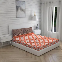 Layers Siena Orange & White Ethnic Motifs 230 TC Cotton Queen Bedsheet & 2 Pillow Covers image 1