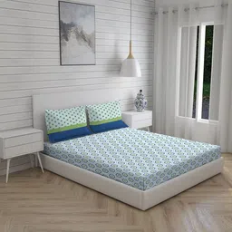 Layers Blue & Green Geometric Cotton Queen Bedsheet With 2 Pillow Covers-picture-39