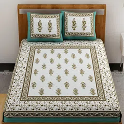 Aura Turquoise Blue & White Ethnic Motifs Cotton 120 TC Queen Bedsheet & 2 Pillow Covers-image-76