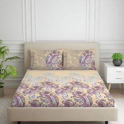 SPACES Beige & Purple Ethnic Motifs Cotton 144 TC King Bedsheet with 2 Pillow Covers-picture-7