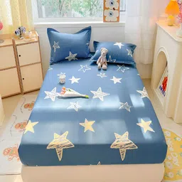 JC HOME Blue Geometric Cotton 220 TC Fitted King Bedsheet With 2 Pillow Covers-picture-24