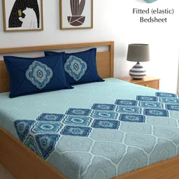 Dreamscape Blue Ethnic Motifs 140 TC Fitted Cotton King Bedsheet & Pillow Covers-picture-39