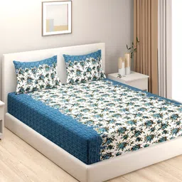 Aura Blue & White Floral Printed 144 TC Cotton King Bedsheet with 2 Pillow Covers-picture-16