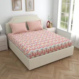 Salona Bichona Pink & White Printed 144 TC Pure Cotton King Bedsheet With 2 Pillow Covers-picture-22
