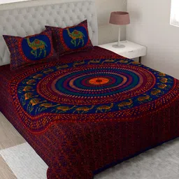 Aura Red & Blue Ethnic Motifs 144 TC Cotton King Bedsheet With 2 Pillow Covers image 1