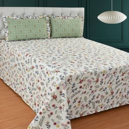 MORADO White & Olive Green Floral Printed 210 TC King Bedsheet With 2 Pillow Covers-picture-8