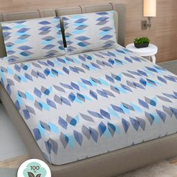 FABINALIV Blue & Grey Floral 300 TC King Bedsheet with 2 Pillow Covers-picture-44