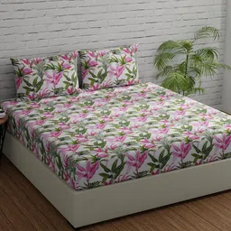 Huesland Comfort Pink & White Floral 144 TC Cotton King Bedsheet with 2 Pillow Covers-image-60