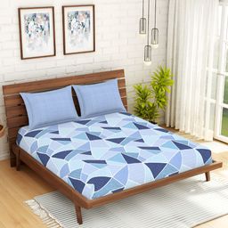 SPACES Blue & White Geometric Cotton 144 TC Queen Bedsheet with 2 Pillow Covers-picture-14