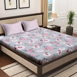 KLOTTHE Grey & Pink Floral Printed 300TC Super King Bedsheet With 2 Pillow Covers-picture-3